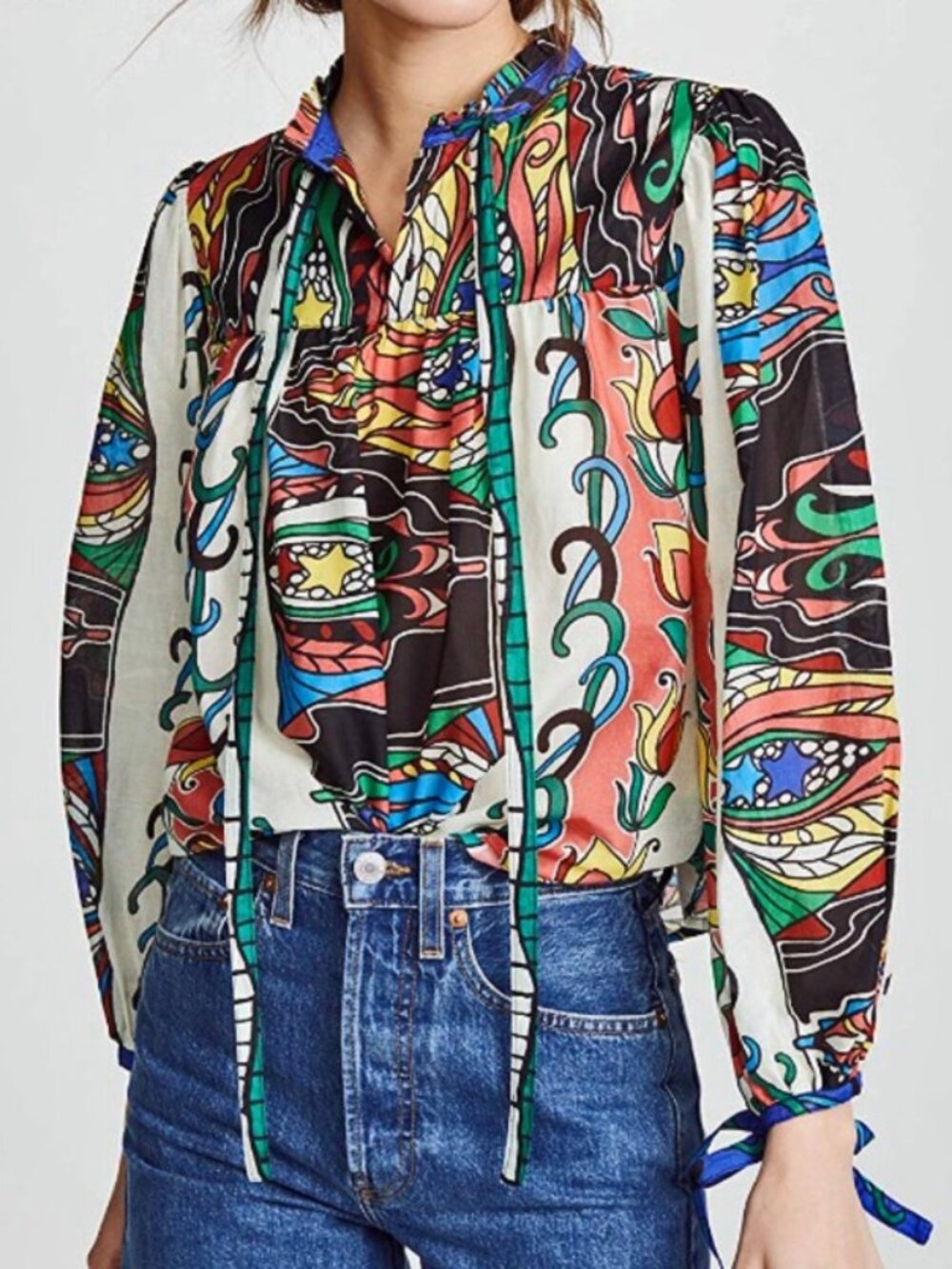 Warm New York Mystic Star Tulip Stained Glass Print Bohemian Peasant Top 0/XS